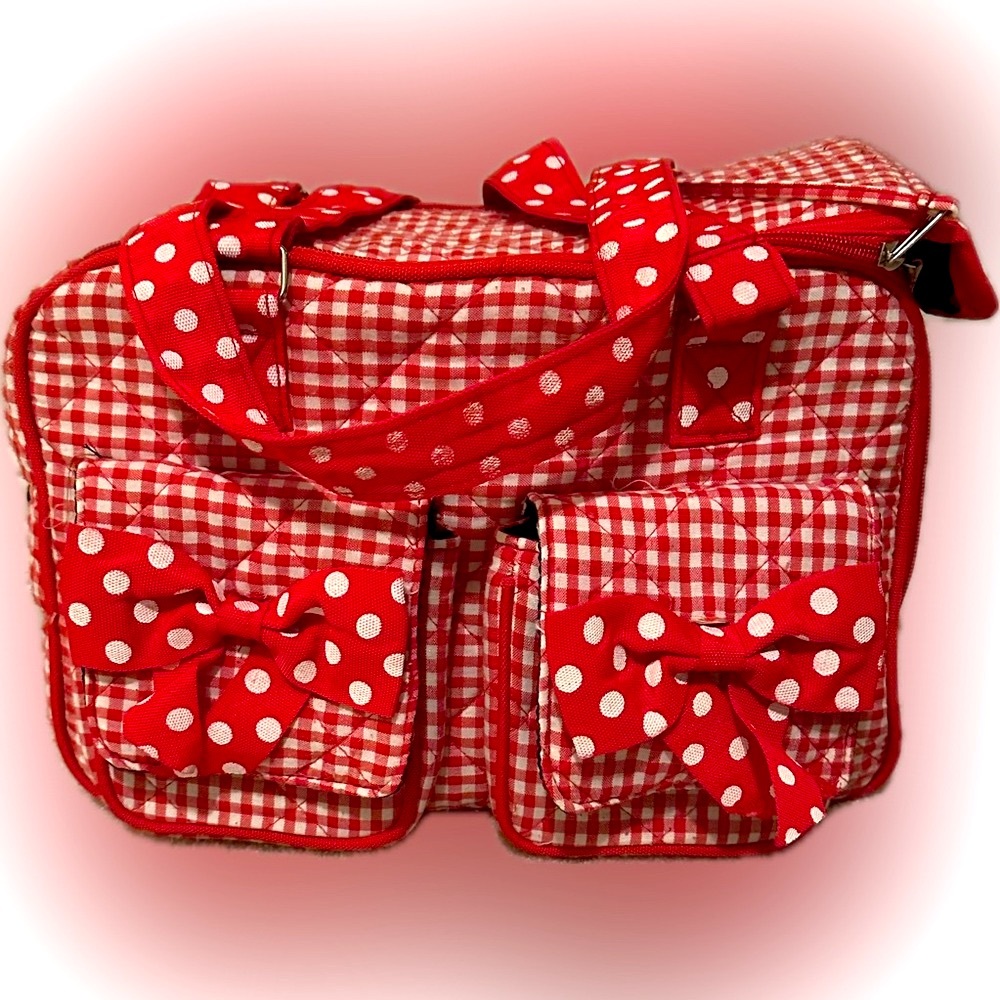 VTG PET CARRIER SMALL DOG PUPPY CAT KITTY RED GINGHAM POLKA DOT LEASH 13x8” CUTE